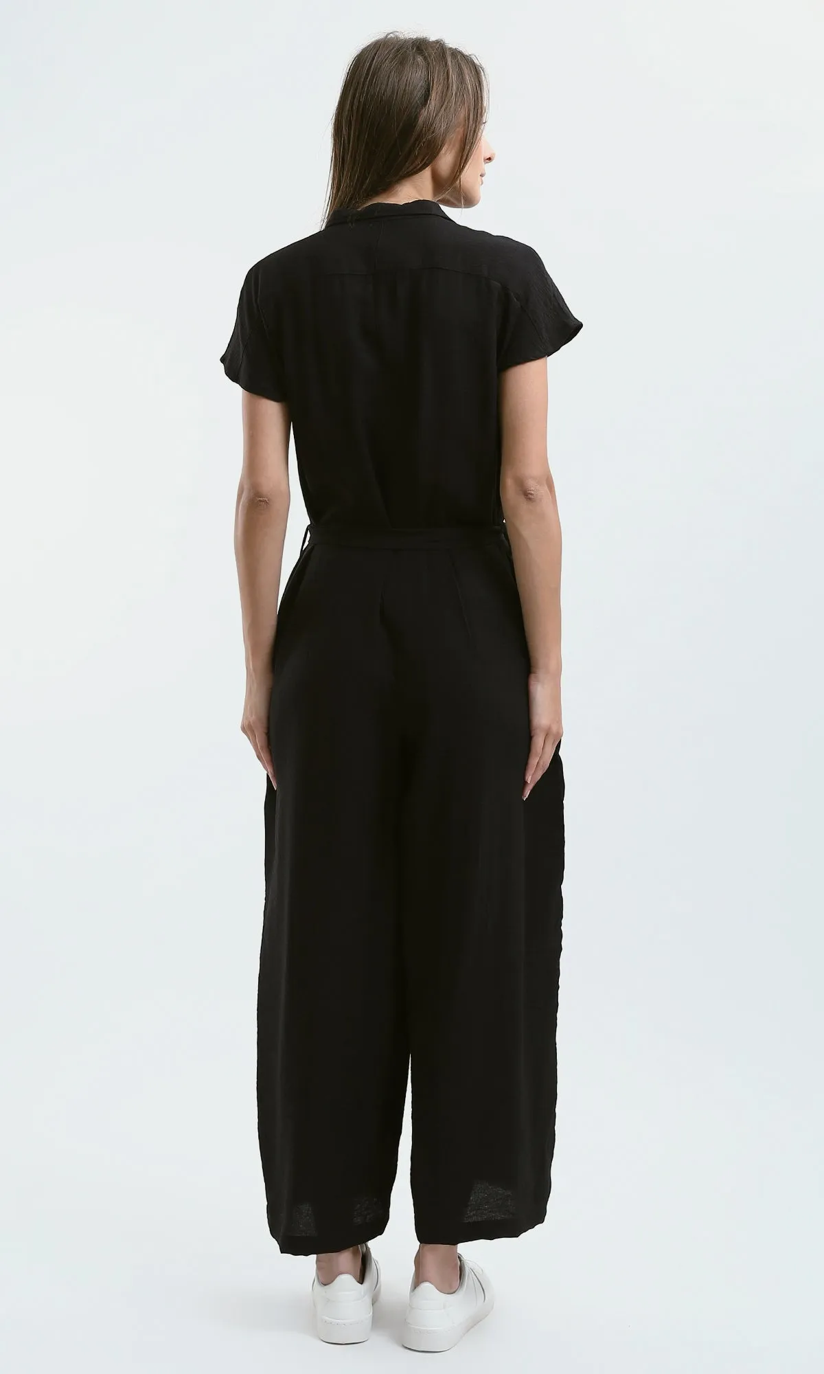 O178605 Summer Buttoned Black Jumpsuit With Belt