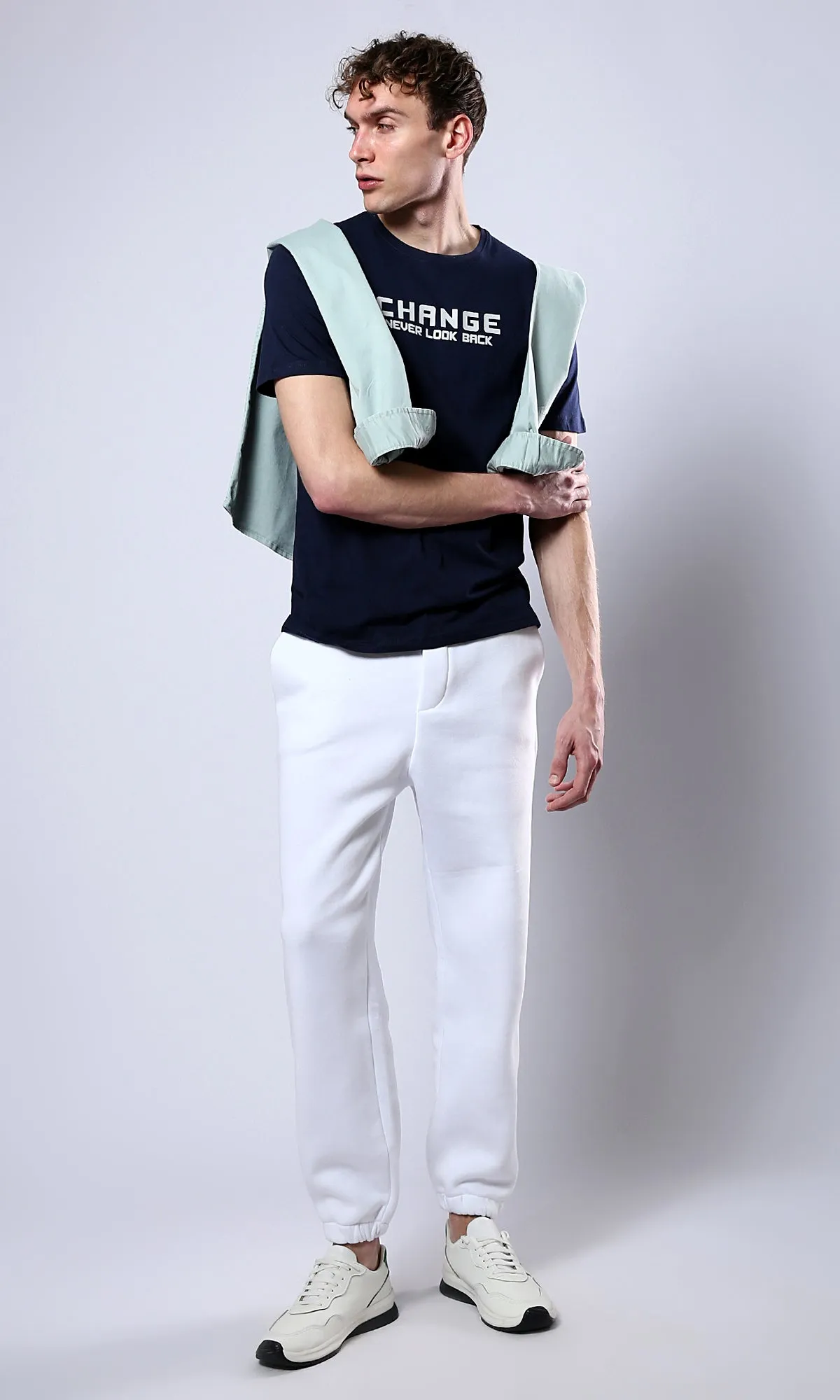 O179019 Short Sleeves Printed "Change" Navy Blue Tee