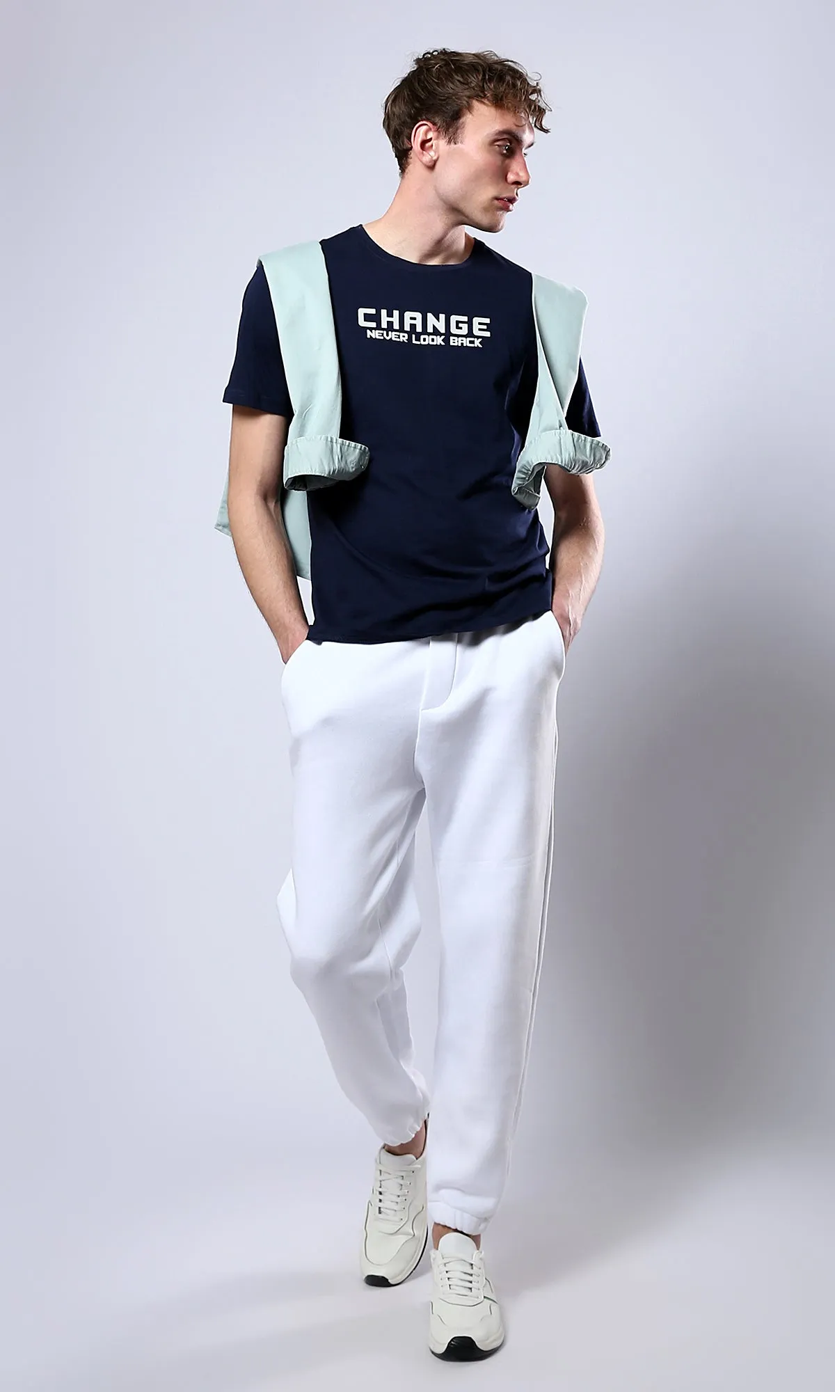 O179019 Short Sleeves Printed "Change" Navy Blue Tee