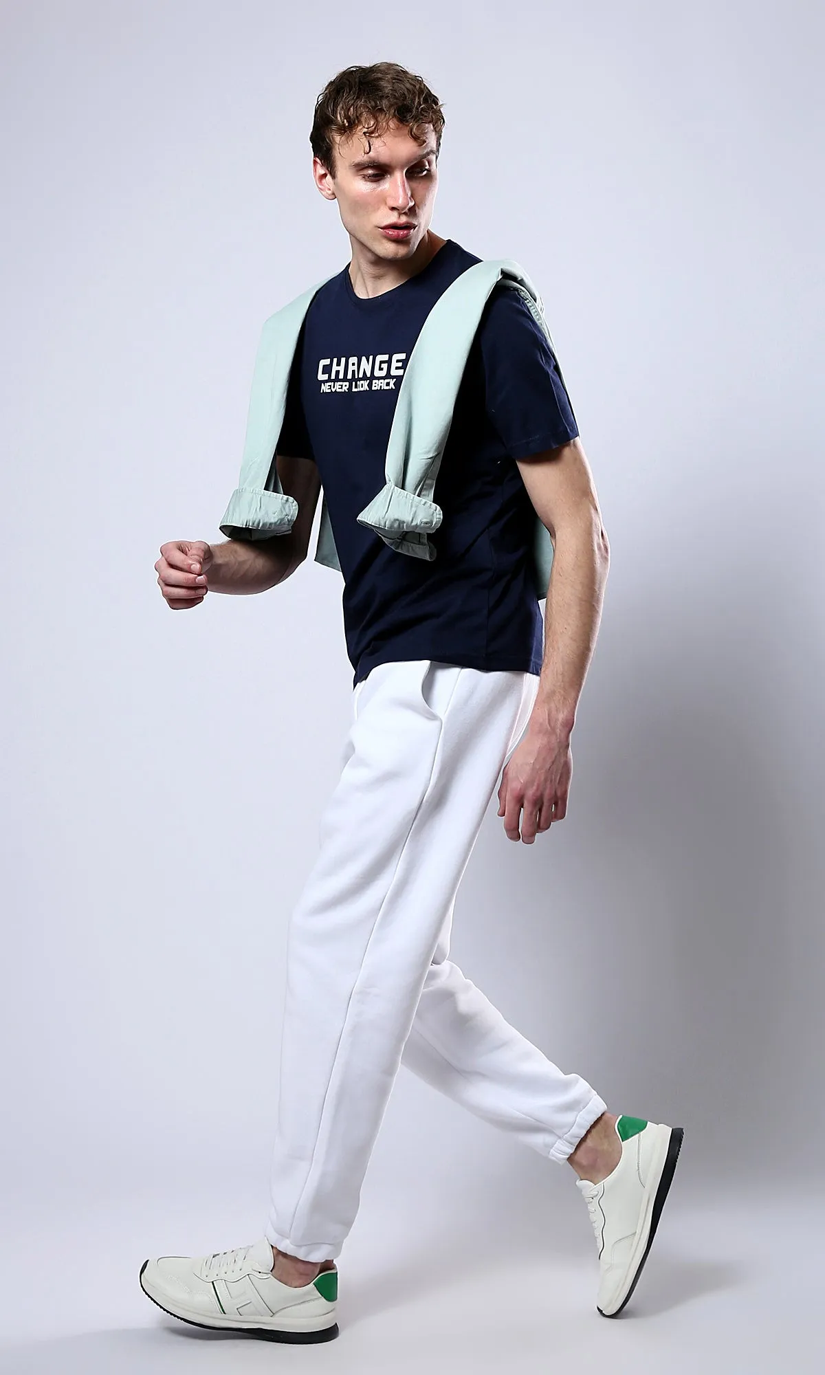 O179019 Short Sleeves Printed "Change" Navy Blue Tee
