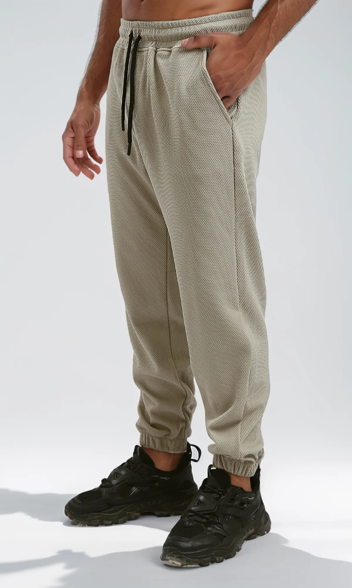 O182733 Slip On Dark Beige Jogger Pants With Hem