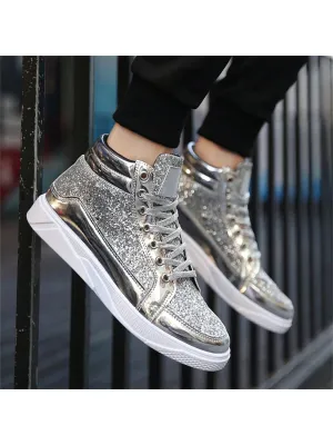 Plus Size Men's High-Top Korean Glitter Stage Shoes, Hairstylist Trendy Sports Sneakers, Casual Lace-Up Leather Waterproof Non-Slip Skateboarding Shoes, Spring/Autumn