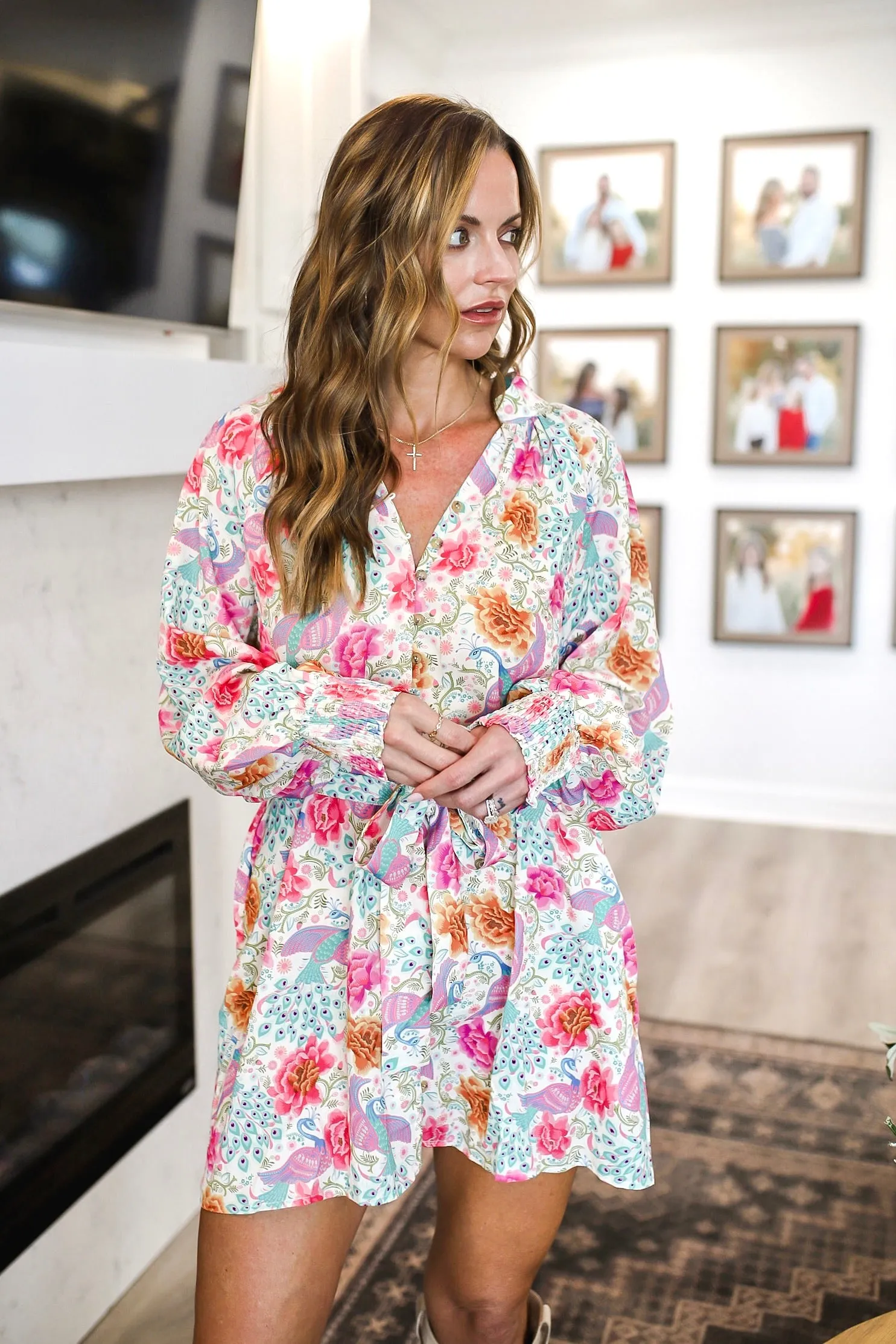 Printed Notched Lantern Sleeve Dress WH