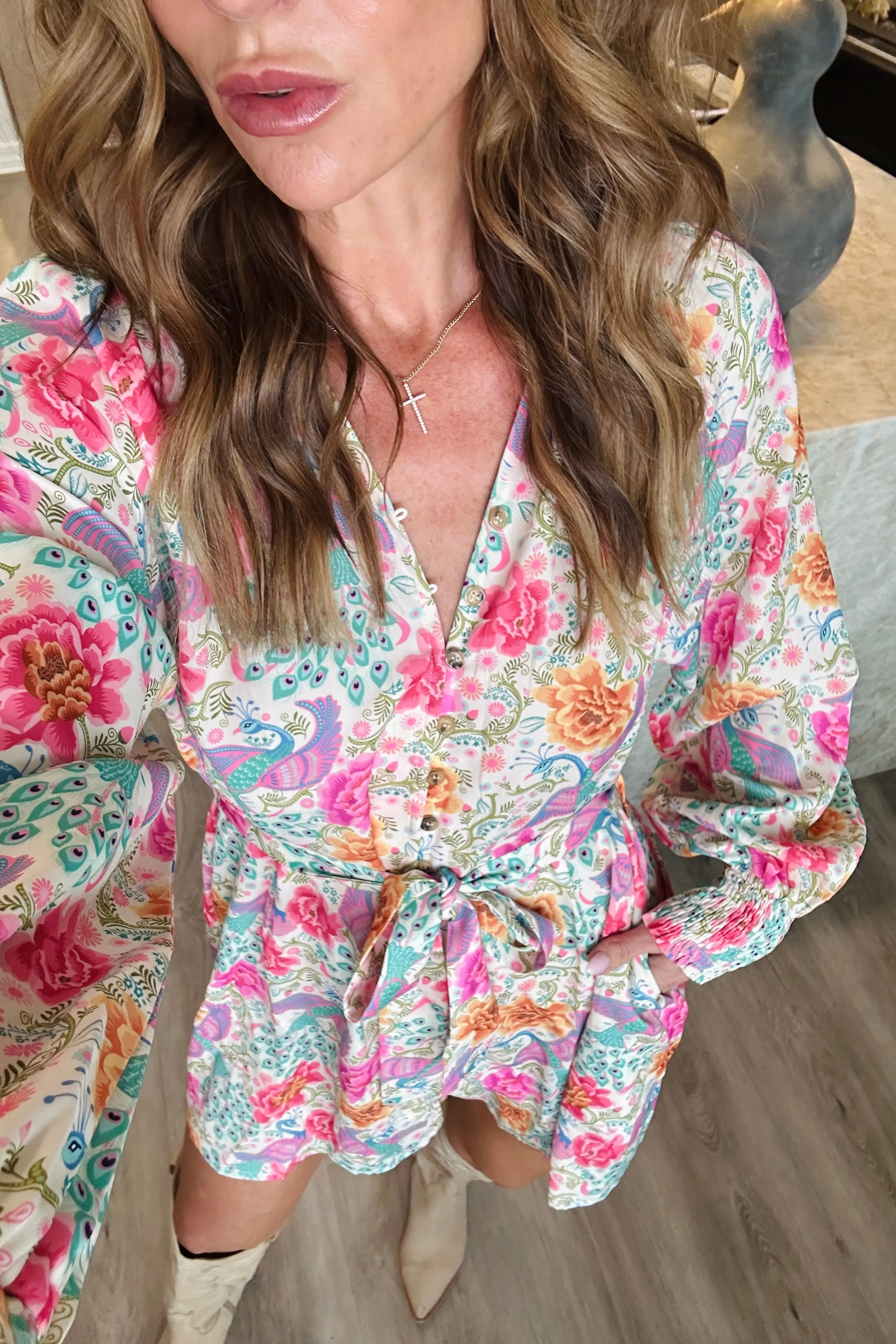 Printed Notched Lantern Sleeve Dress WH