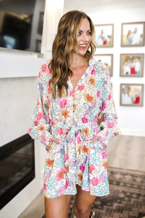 Printed Notched Lantern Sleeve Dress WH