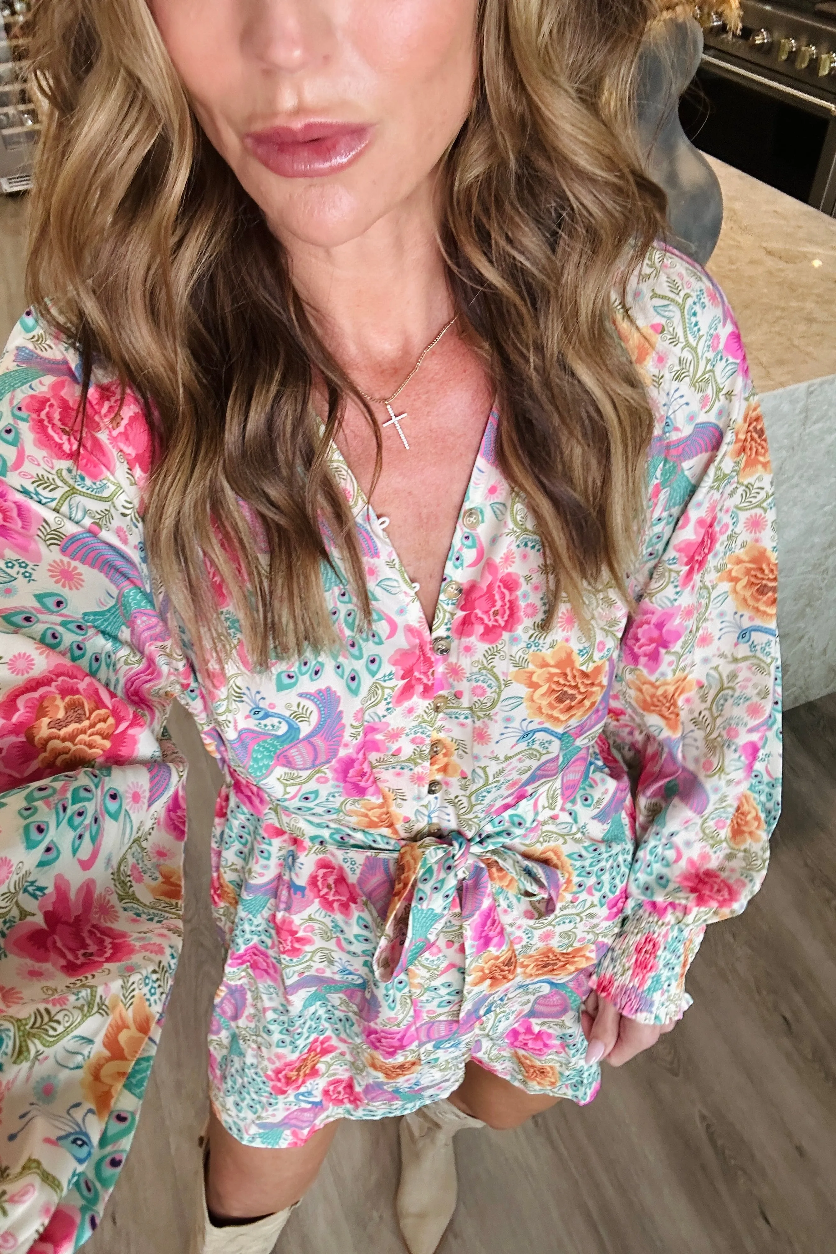 Printed Notched Lantern Sleeve Dress WH