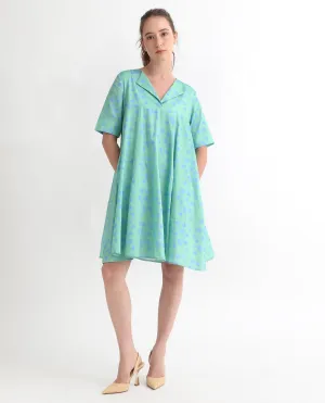 Rareism Women Davidson Dusky Green Cotton Fabric Short Sleeves Over Lap Flared Fit Polka Short Empire Dress