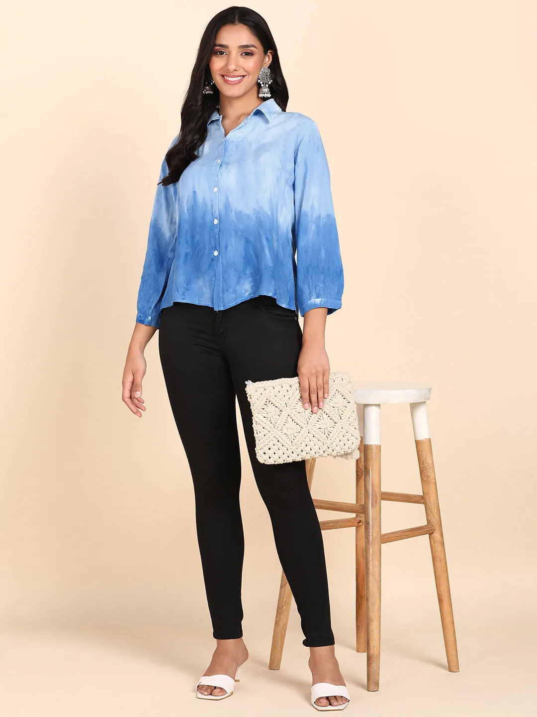 Rayon Hand Dyed Tie-Dye Blue Loose Fit Shirt