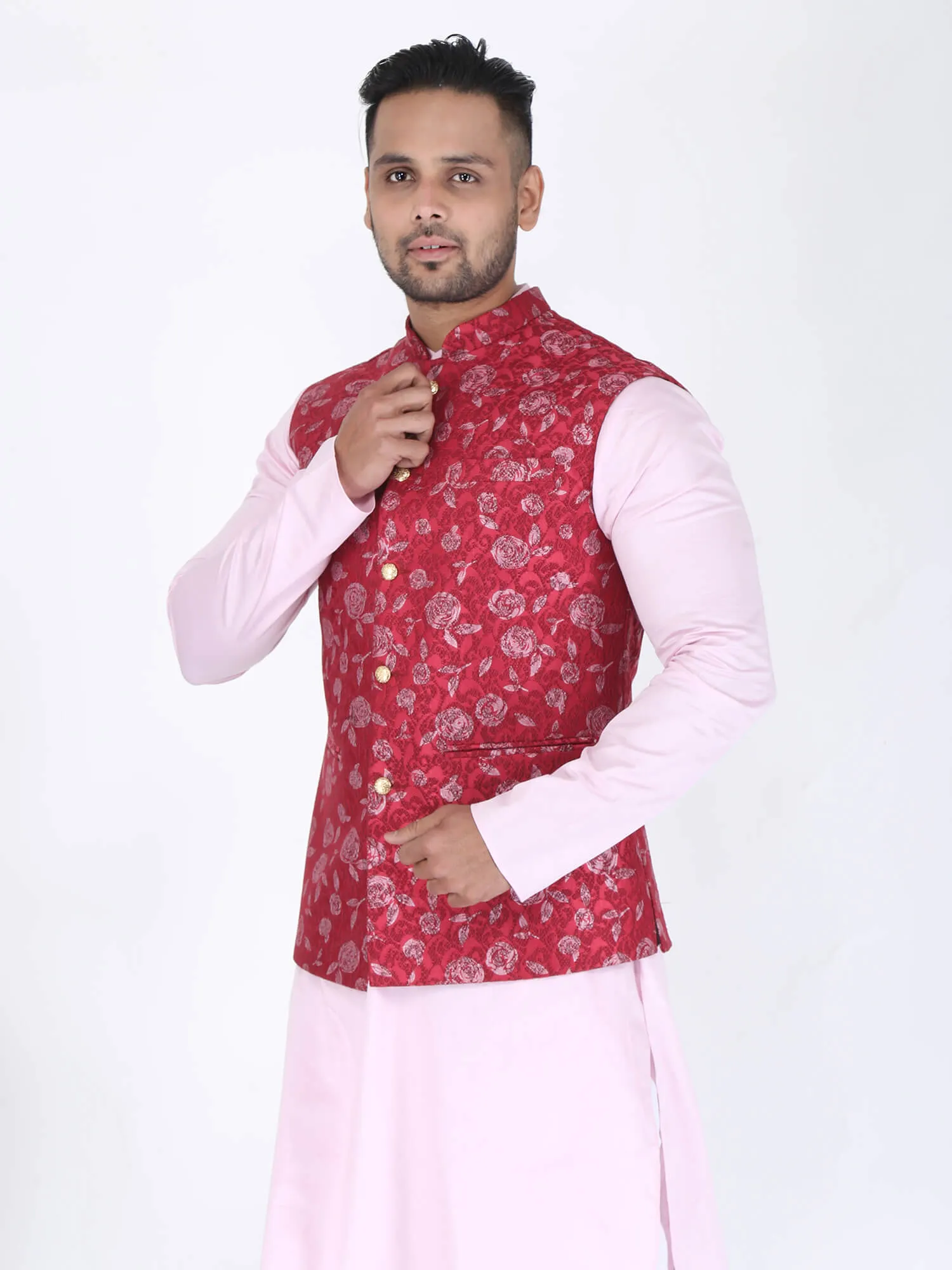 Red Pink Flower Work Nehru Jacket