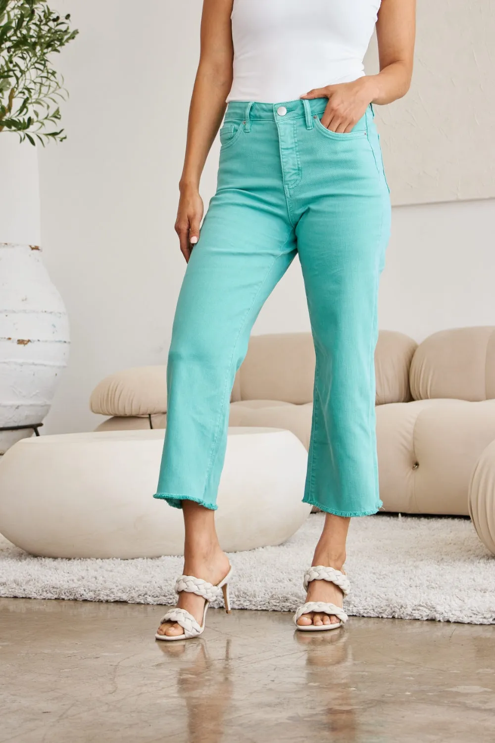 RFM Tummy Control High Waist Raw Hem Wide Leg Crop Jeans in Island Green