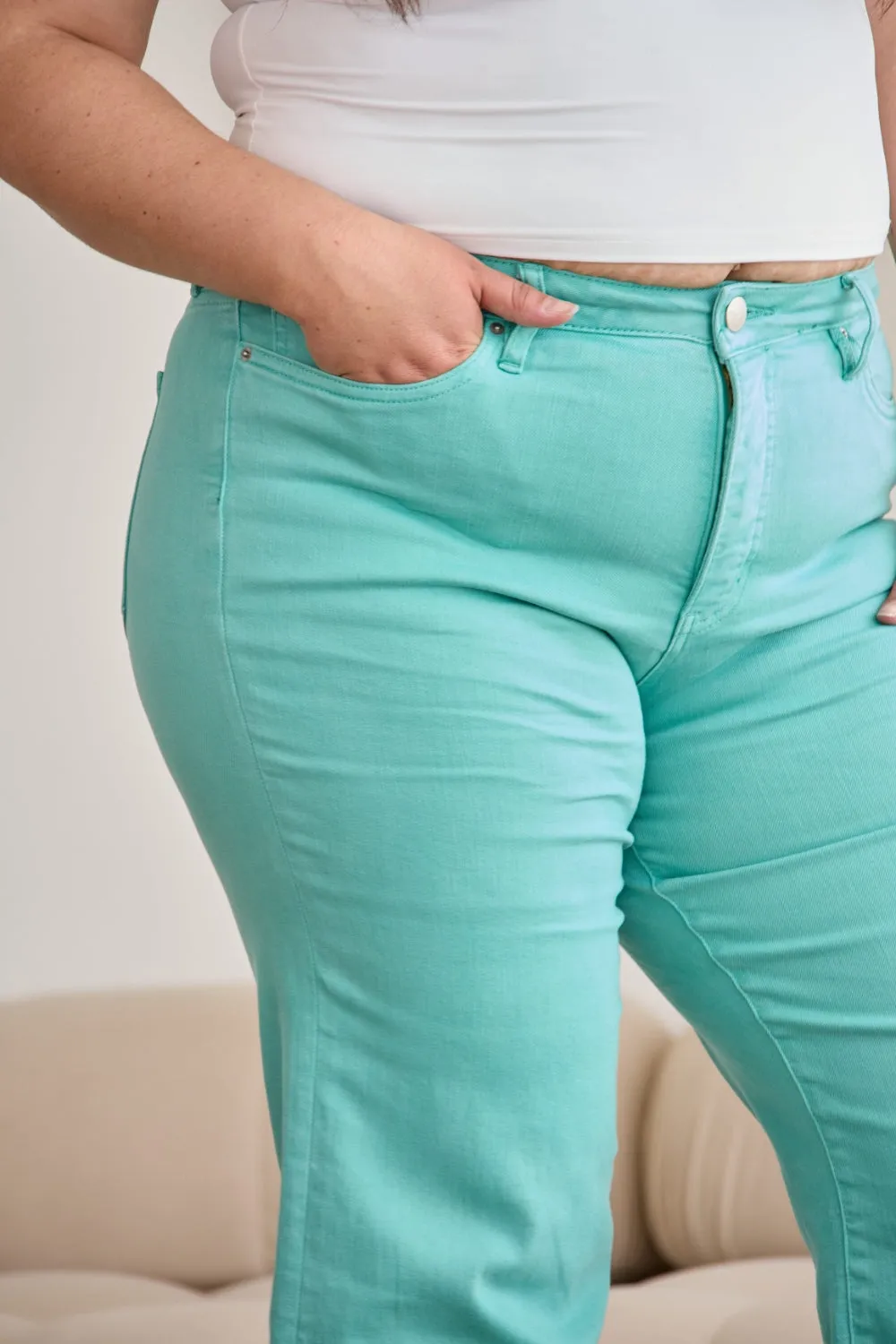 RFM Tummy Control High Waist Raw Hem Wide Leg Crop Jeans in Island Green