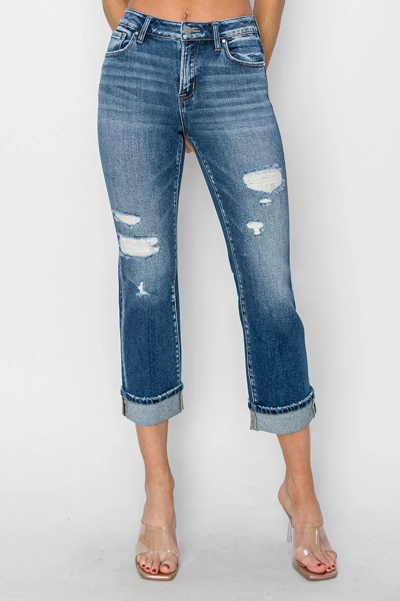 RISEN Cropped Cuffed Ankle Distressed Straight Jeans