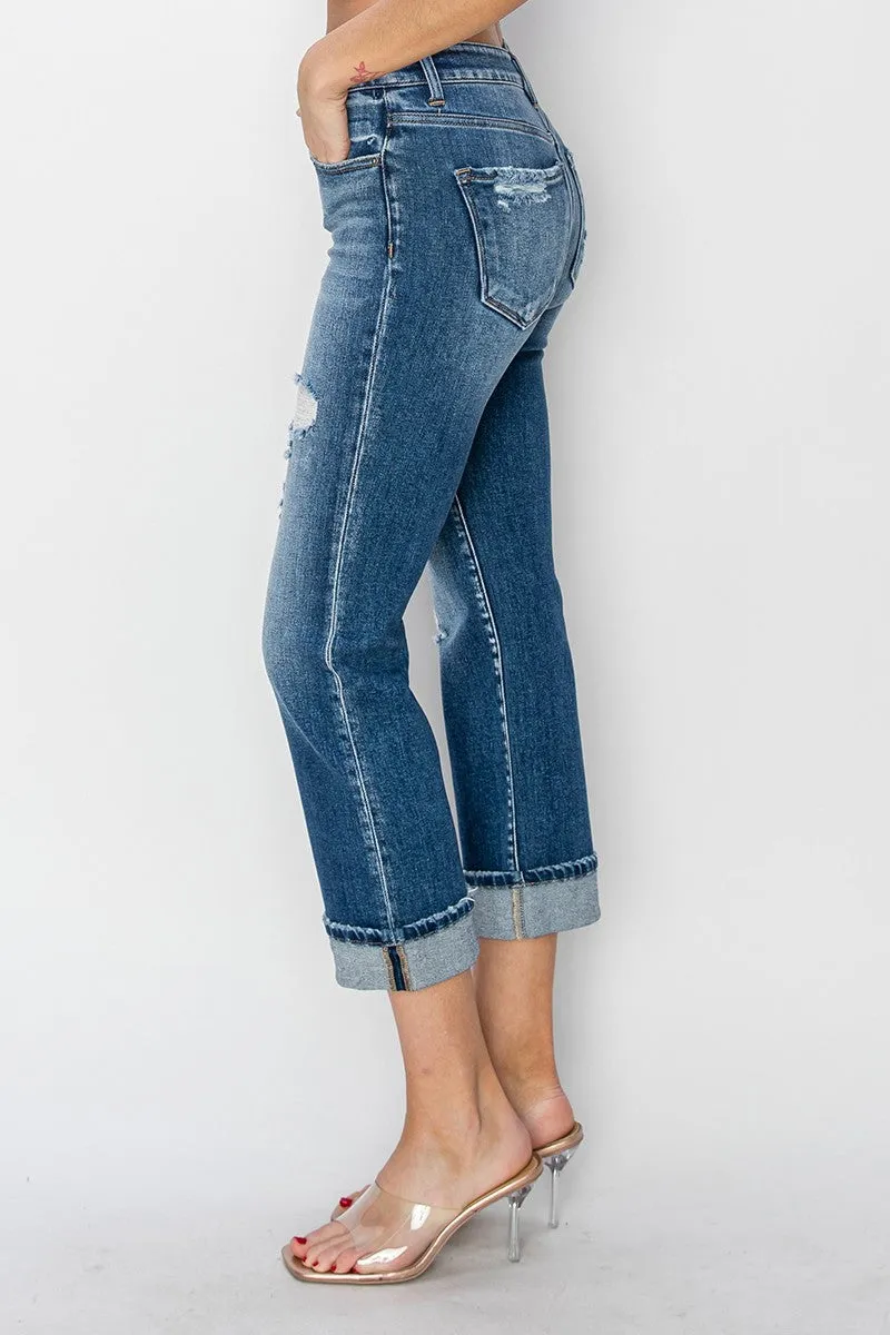 RISEN Cropped Cuffed Ankle Distressed Straight Jeans