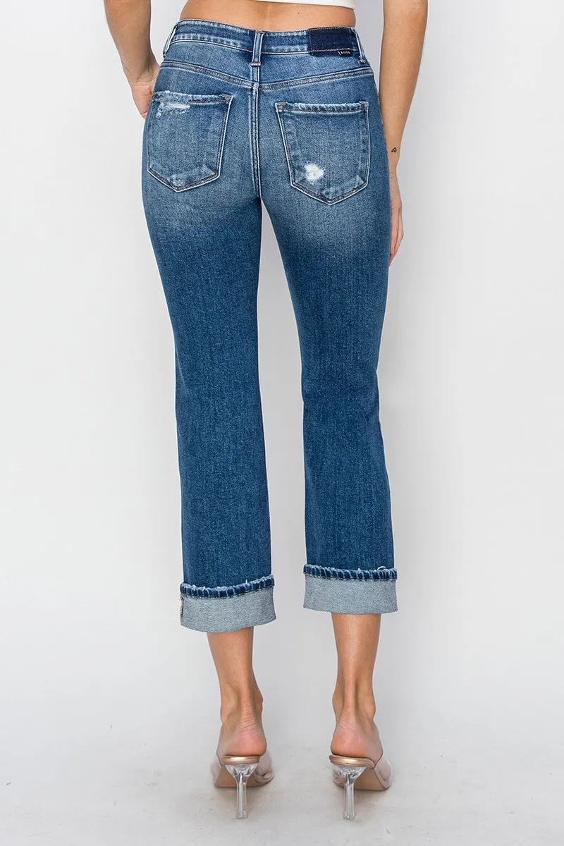 RISEN Cropped Cuffed Ankle Distressed Straight Jeans
