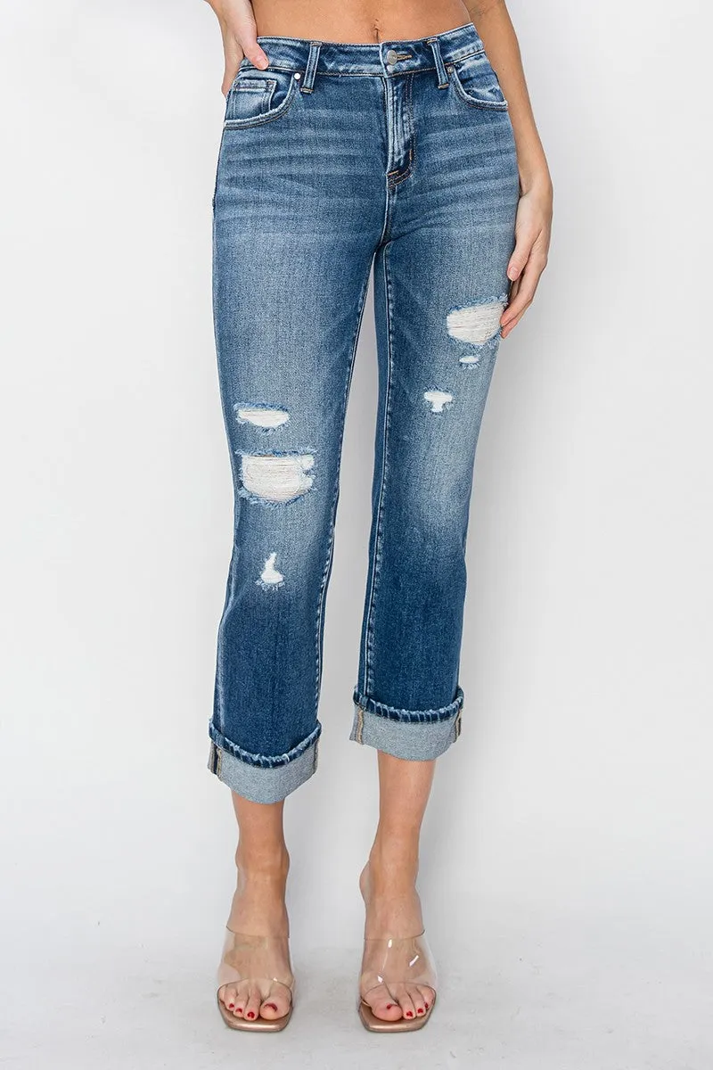 RISEN Cropped Cuffed Ankle Distressed Straight Jeans