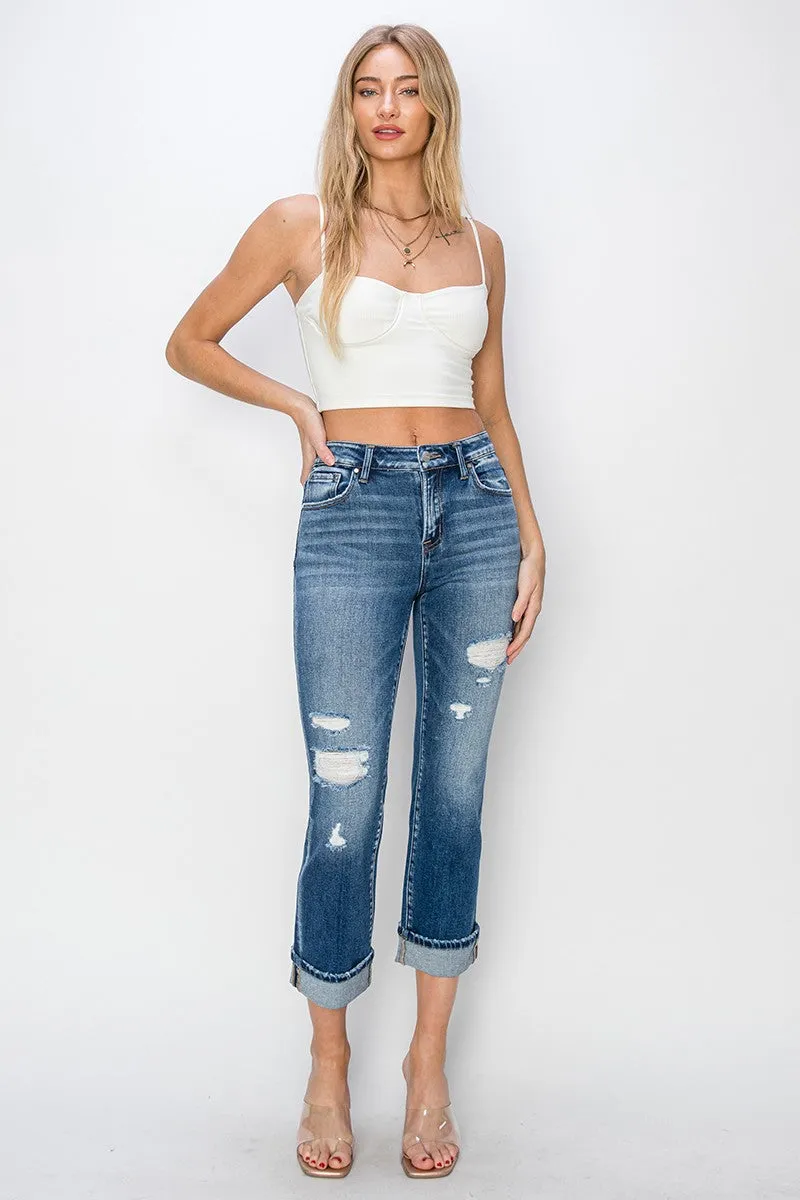 RISEN Cropped Cuffed Ankle Distressed Straight Jeans