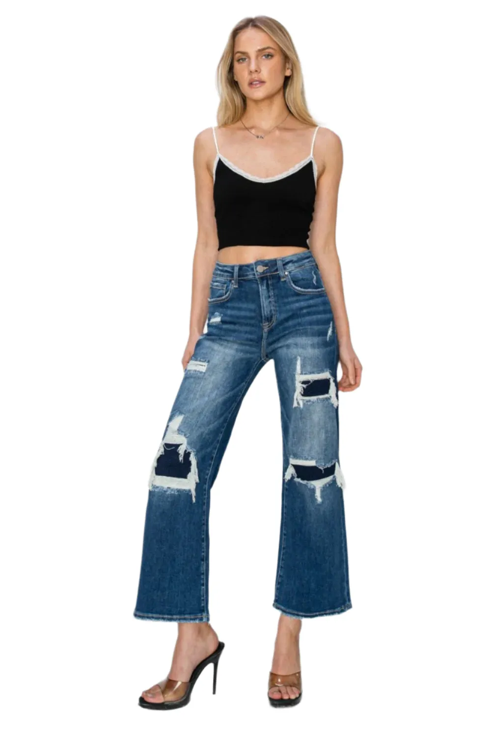 Risen Full Size High Rise Patch Detailed Wide Leg Crop Jeans