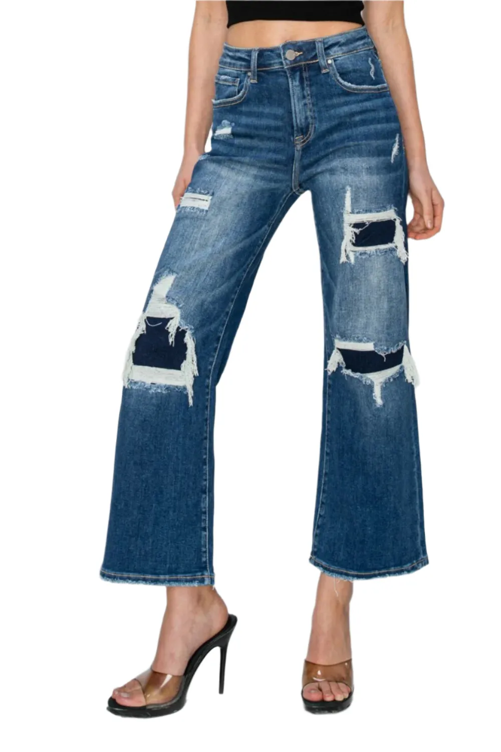 Risen Full Size High Rise Patch Detailed Wide Leg Crop Jeans