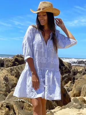 Rose And Rose PALERMO Mini Dress In Pale Blue And White