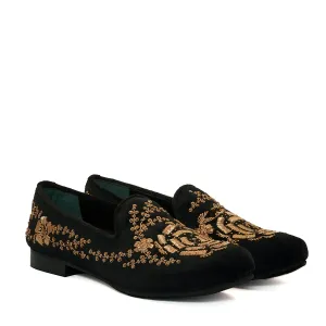Rose Inspired Golden Zardosi Black Velvet Slip-On