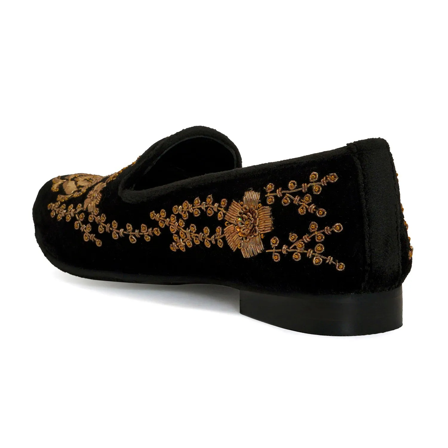 Rose Inspired Golden Zardosi Black Velvet Slip-On