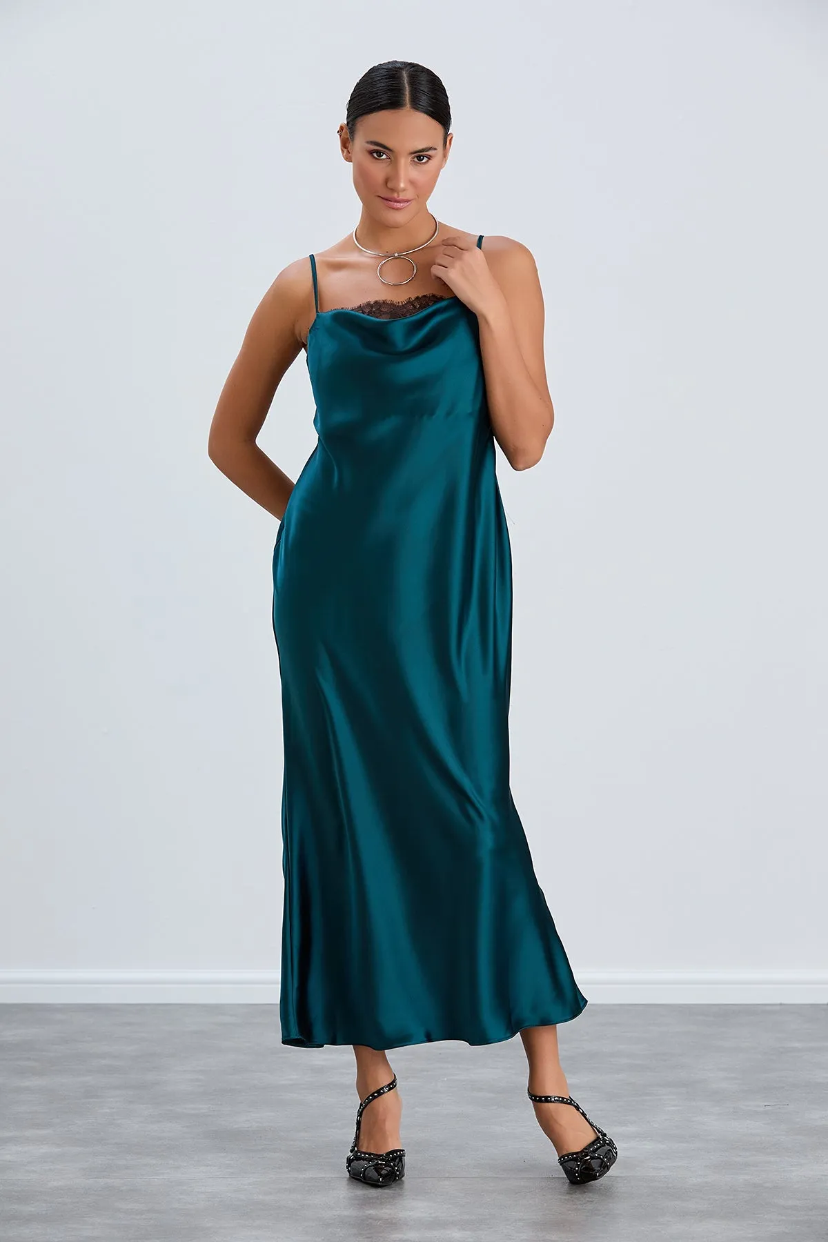 Satin Cami Midaxi Slip Dress with Lace in Green