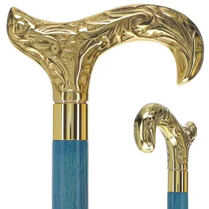 Scratch and Dent Brass Derby Handle Walking Cane w/ Blue Ash Shaft & Brass Gold Collar V2139