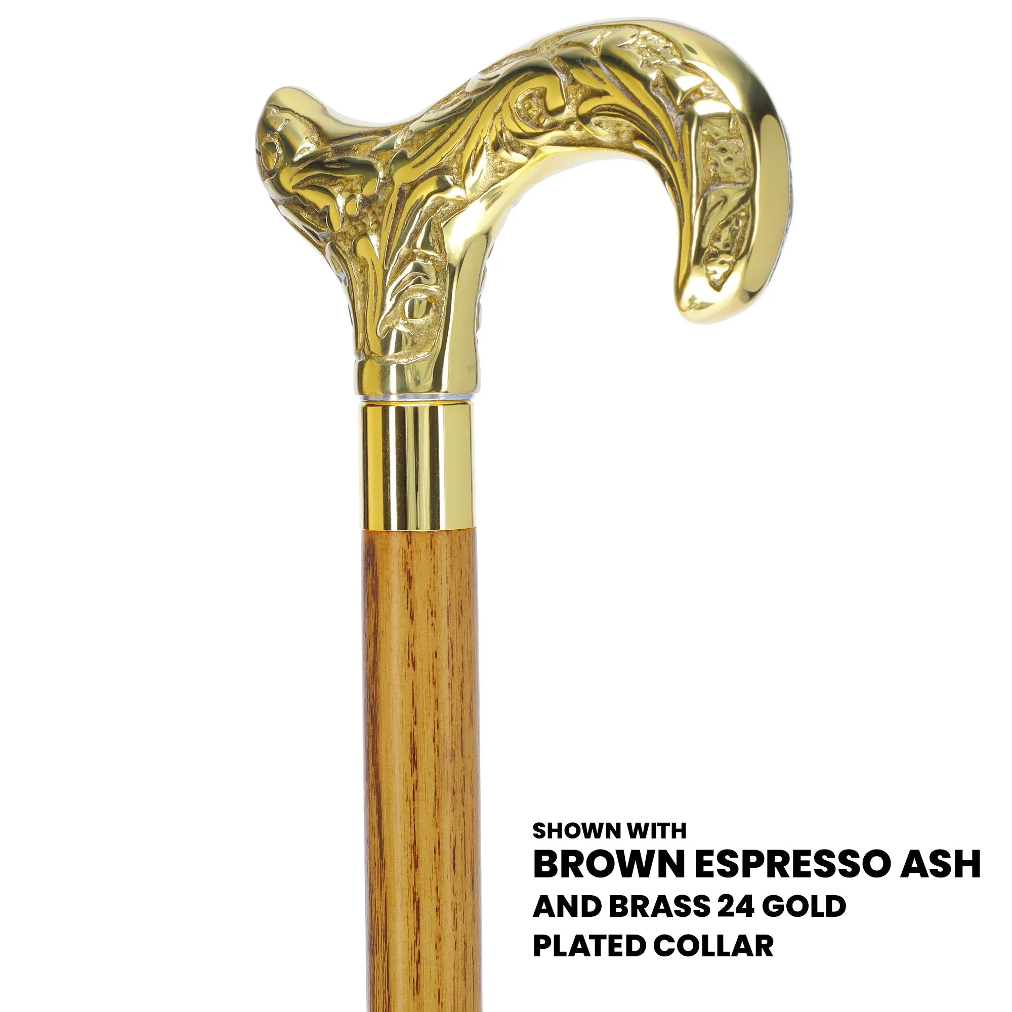 Scratch and Dent Brass Derby Handle Walking Cane w/ Blue Ash Shaft & Brass Gold Collar V2139