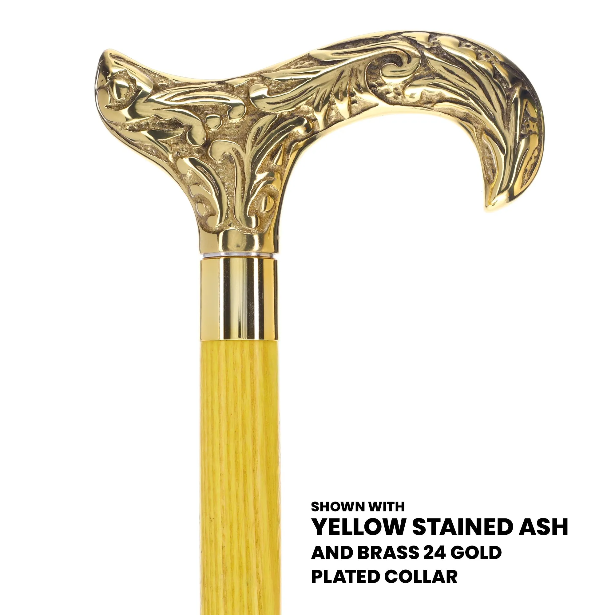 Scratch and Dent Brass Derby Handle Walking Cane w/ Blue Ash Shaft & Brass Gold Collar V2139