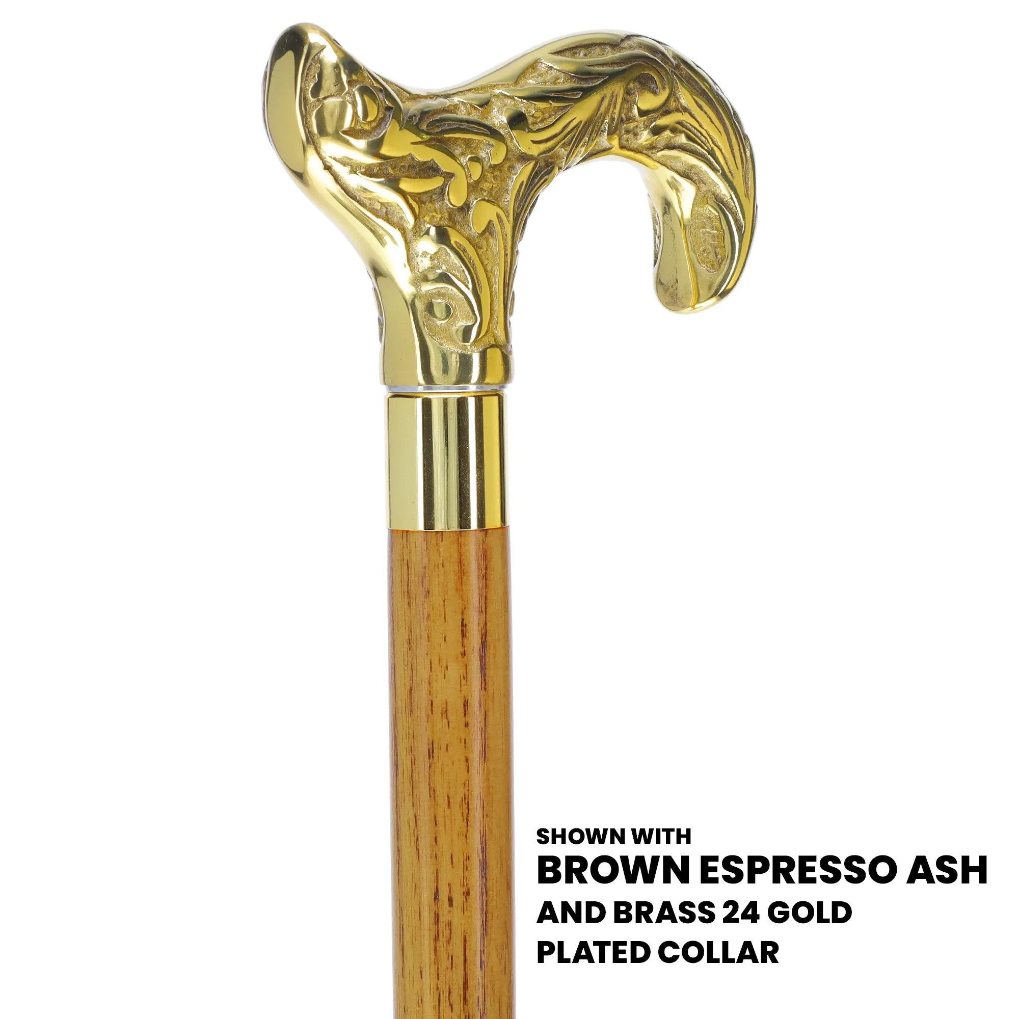 Scratch and Dent Brass Derby Handle Walking Cane w/ Blue Ash Shaft & Brass Gold Collar V2139