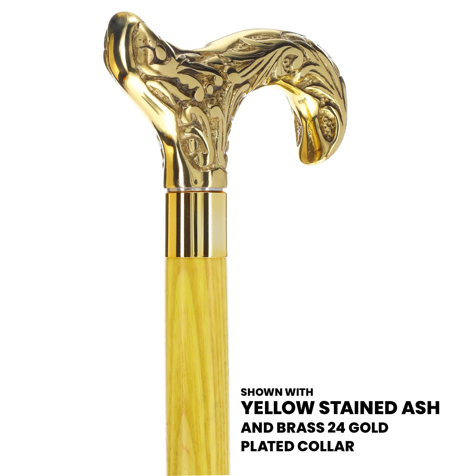 Scratch and Dent Brass Derby Handle Walking Cane w/ Blue Ash Shaft & Brass Gold Collar V2139