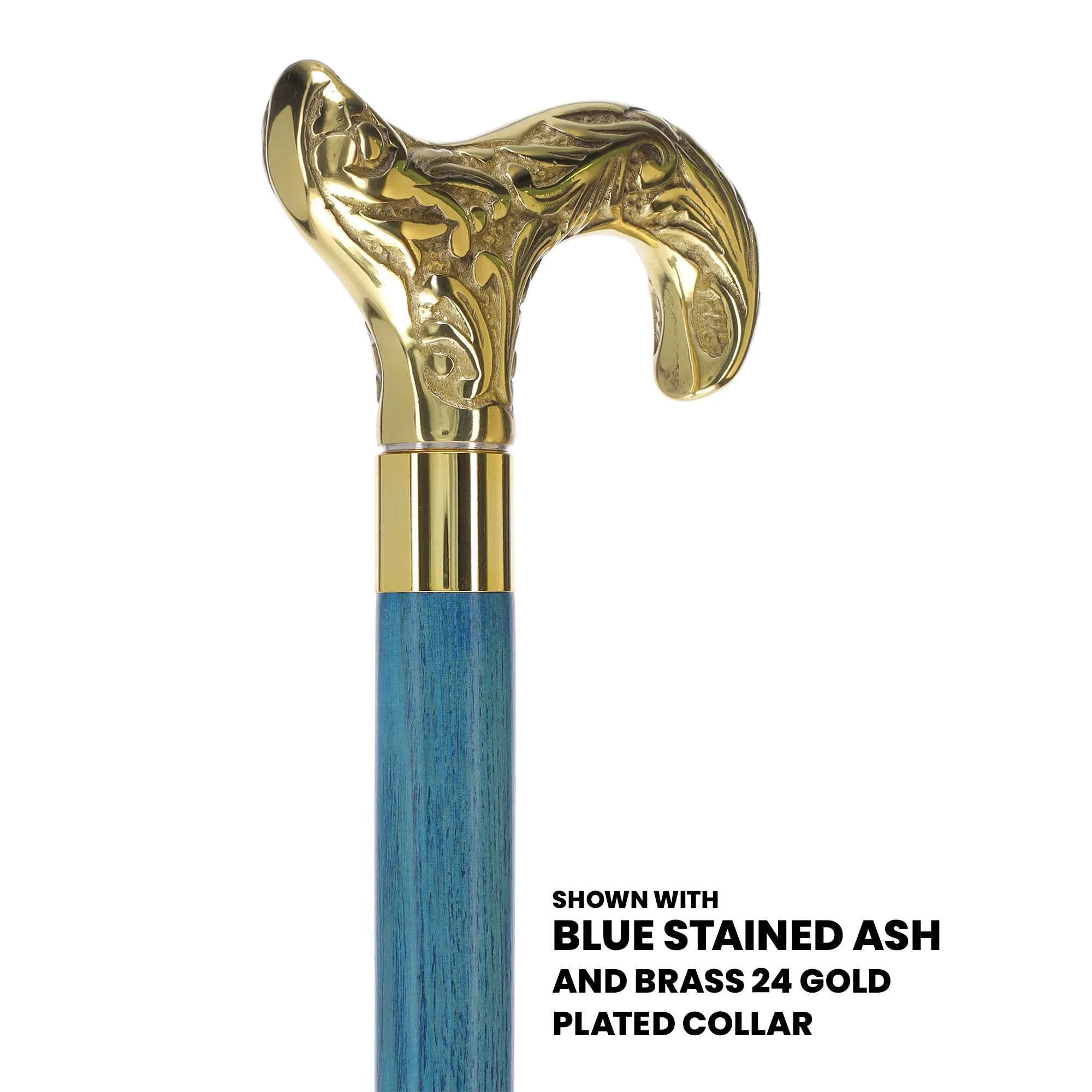 Scratch and Dent Brass Derby Handle Walking Cane w/ Blue Ash Shaft & Brass Gold Collar V2139