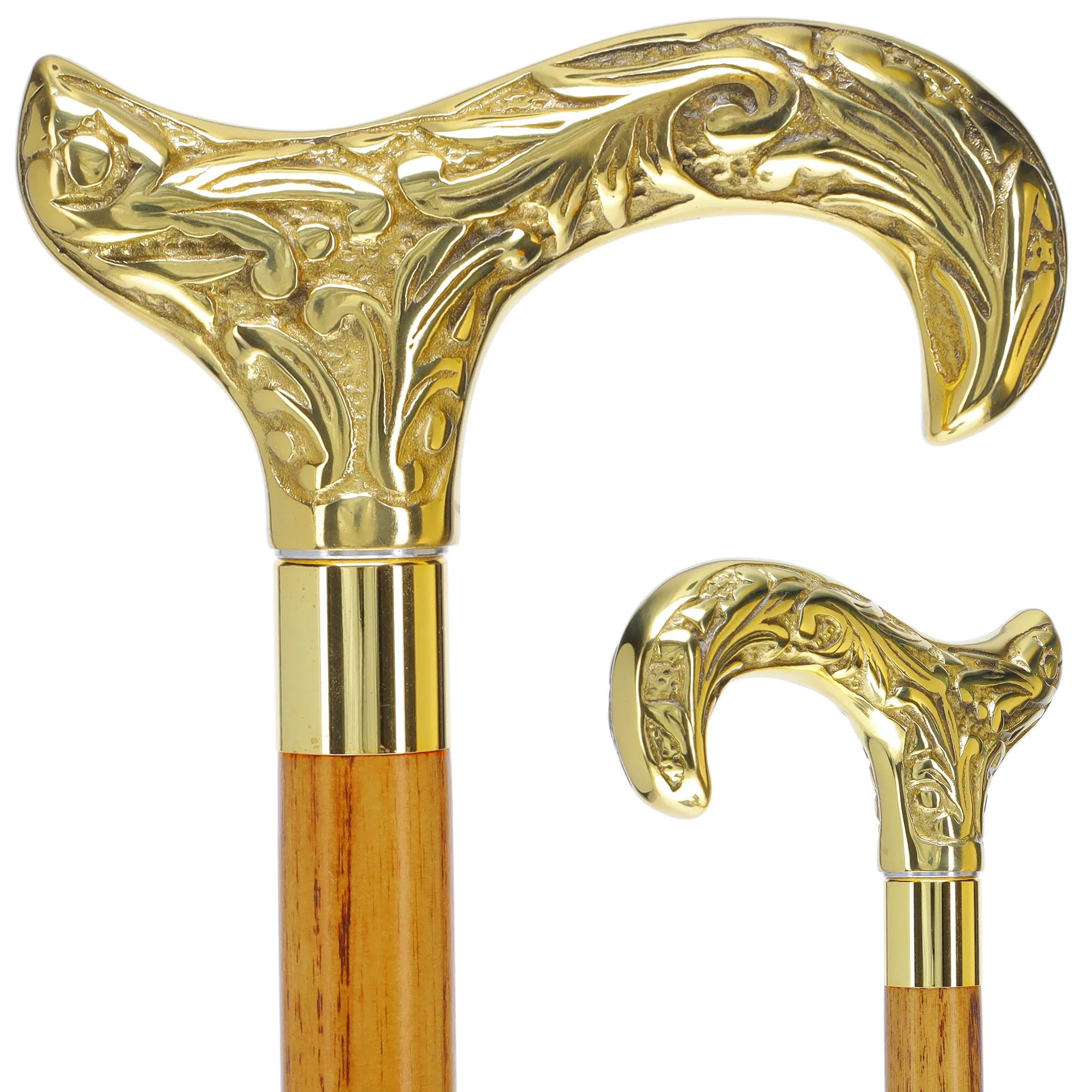 Scratch and Dent Brass Derby Handle Walking Cane w/ Blue Ash Shaft & Brass Gold Collar V2139