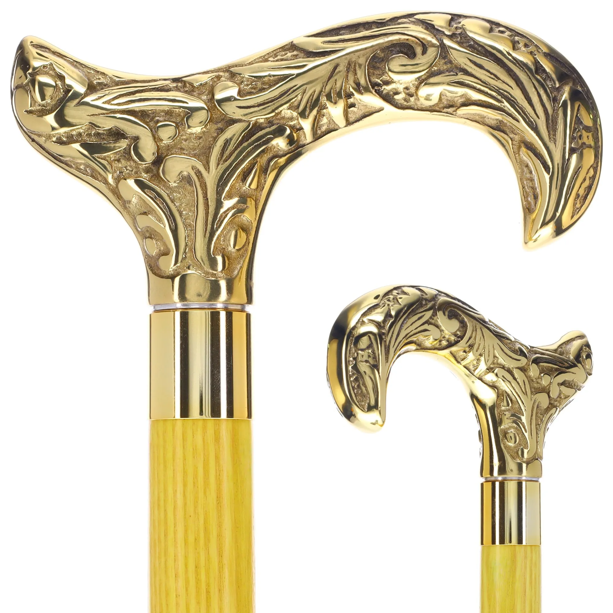 Scratch and Dent Brass Derby Handle Walking Cane w/ Blue Ash Shaft & Brass Gold Collar V2139