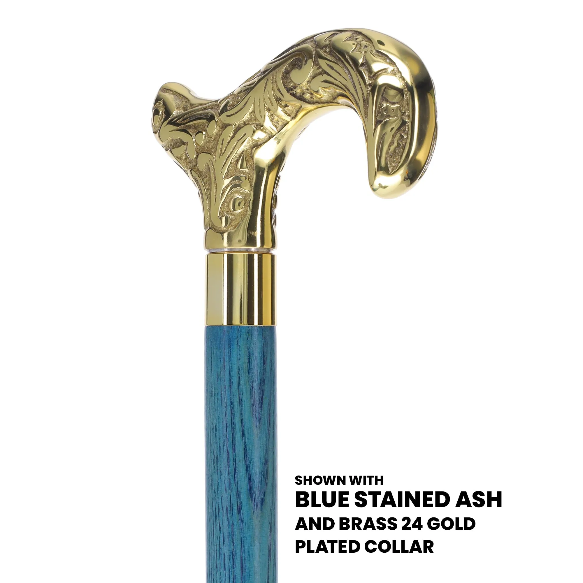 Scratch and Dent Brass Derby Handle Walking Cane w/ Blue Ash Shaft & Brass Gold Collar V2139