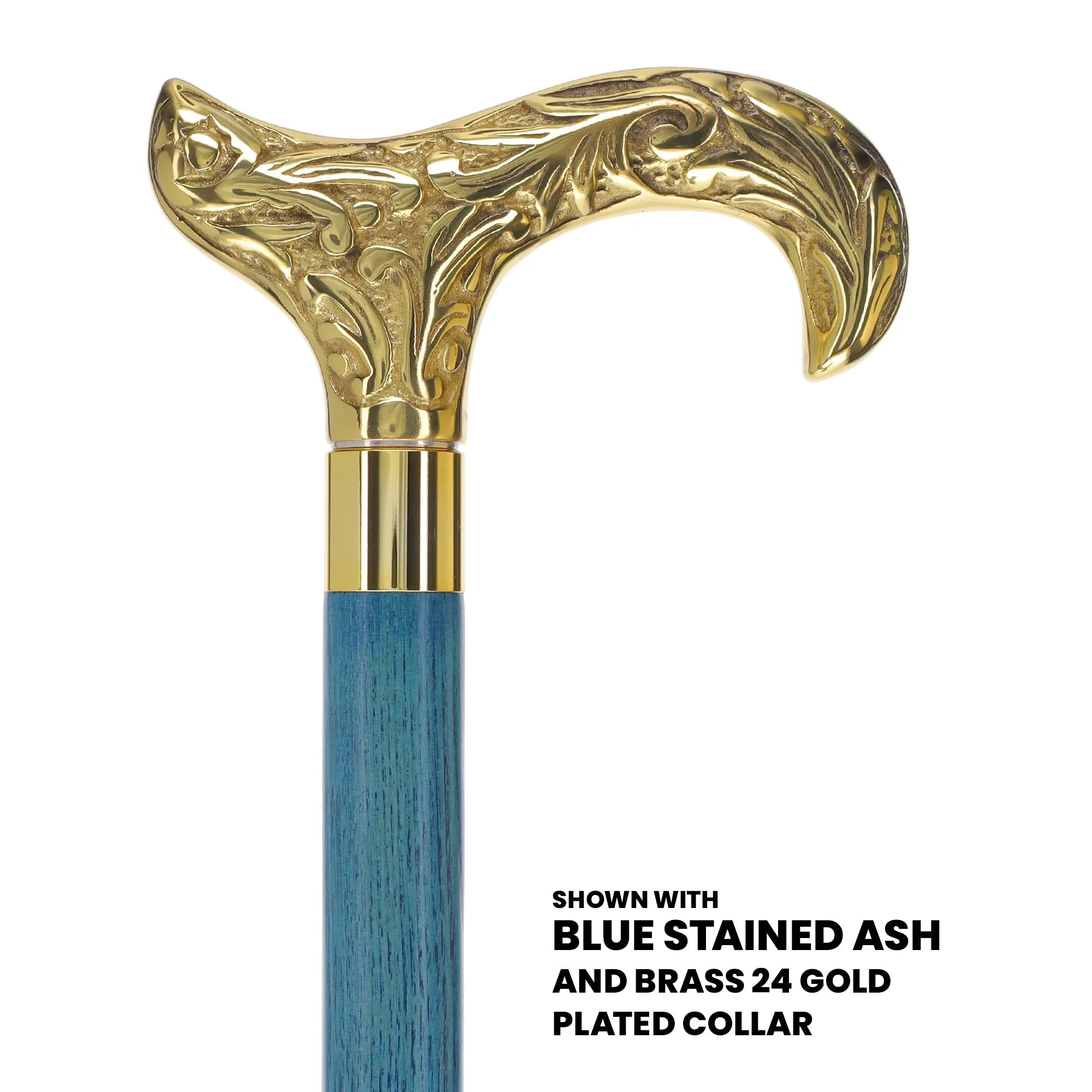 Scratch and Dent Brass Derby Handle Walking Cane w/ Blue Ash Shaft & Brass Gold Collar V2139