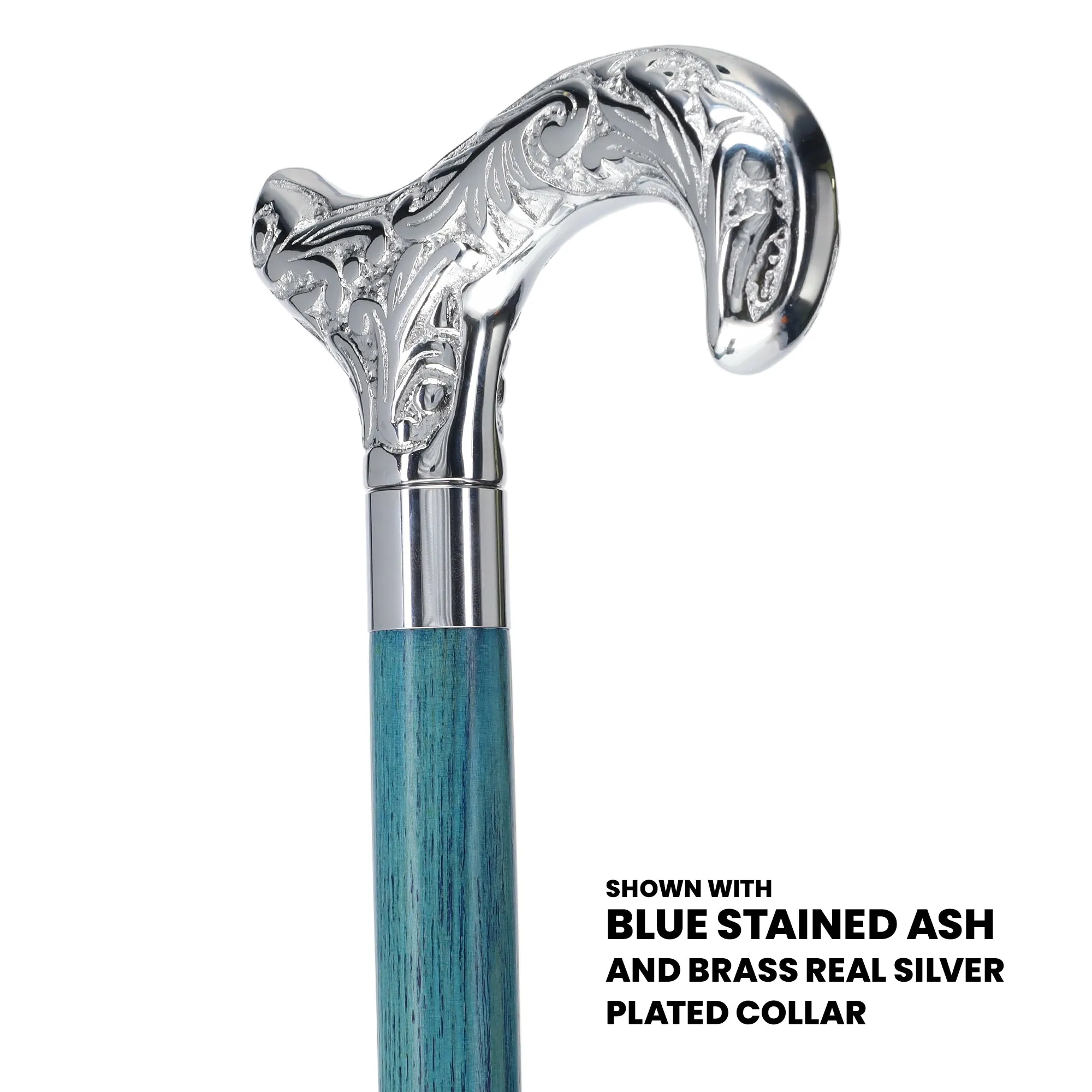 Scratch and Dent Chrome Plated Derby Handle Walking Cane w/ Blue Stained Ash Shaft & Brass Silver Collar V3224