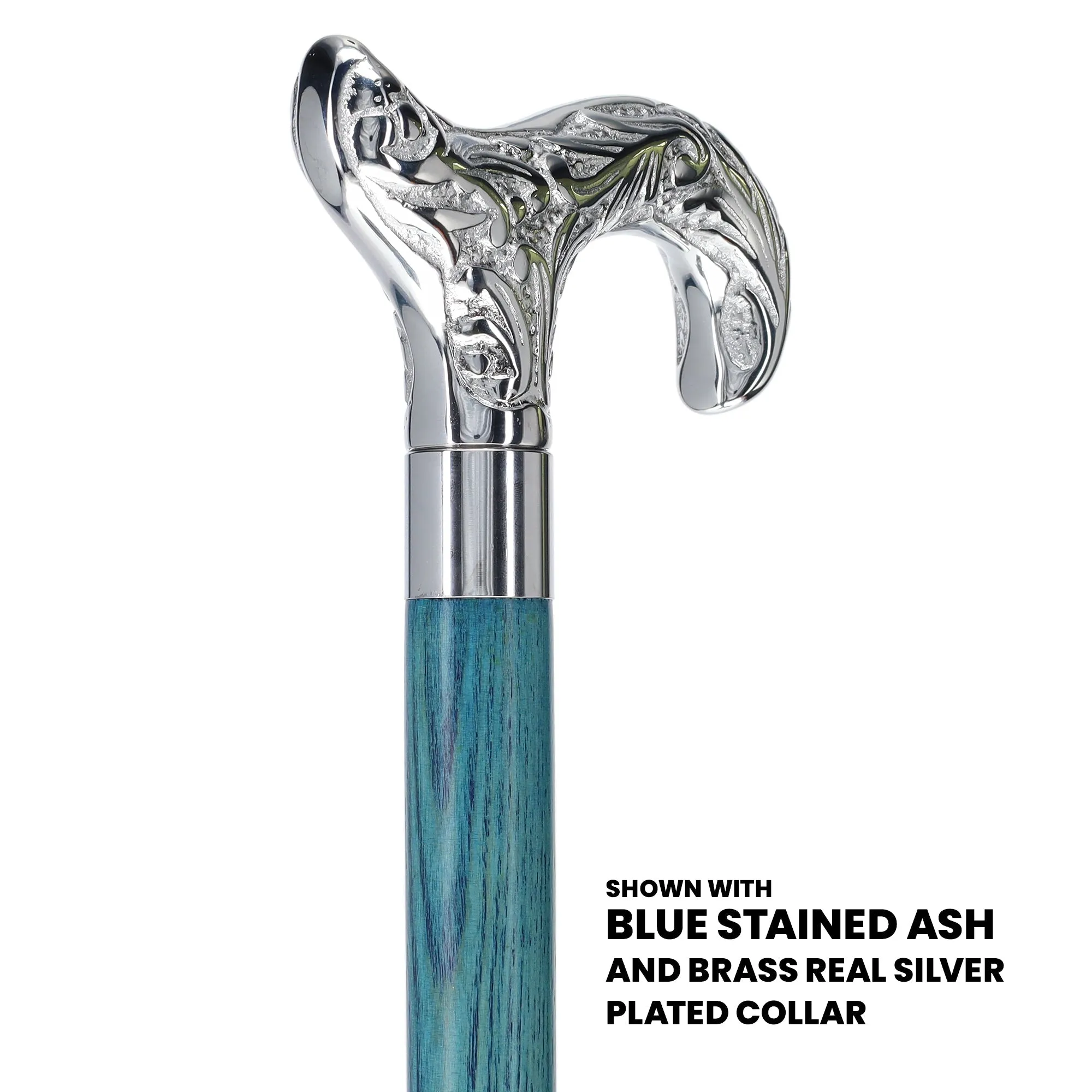 Scratch and Dent Chrome Plated Derby Handle Walking Cane w/ Blue Stained Ash Shaft & Brass Silver Collar V3224