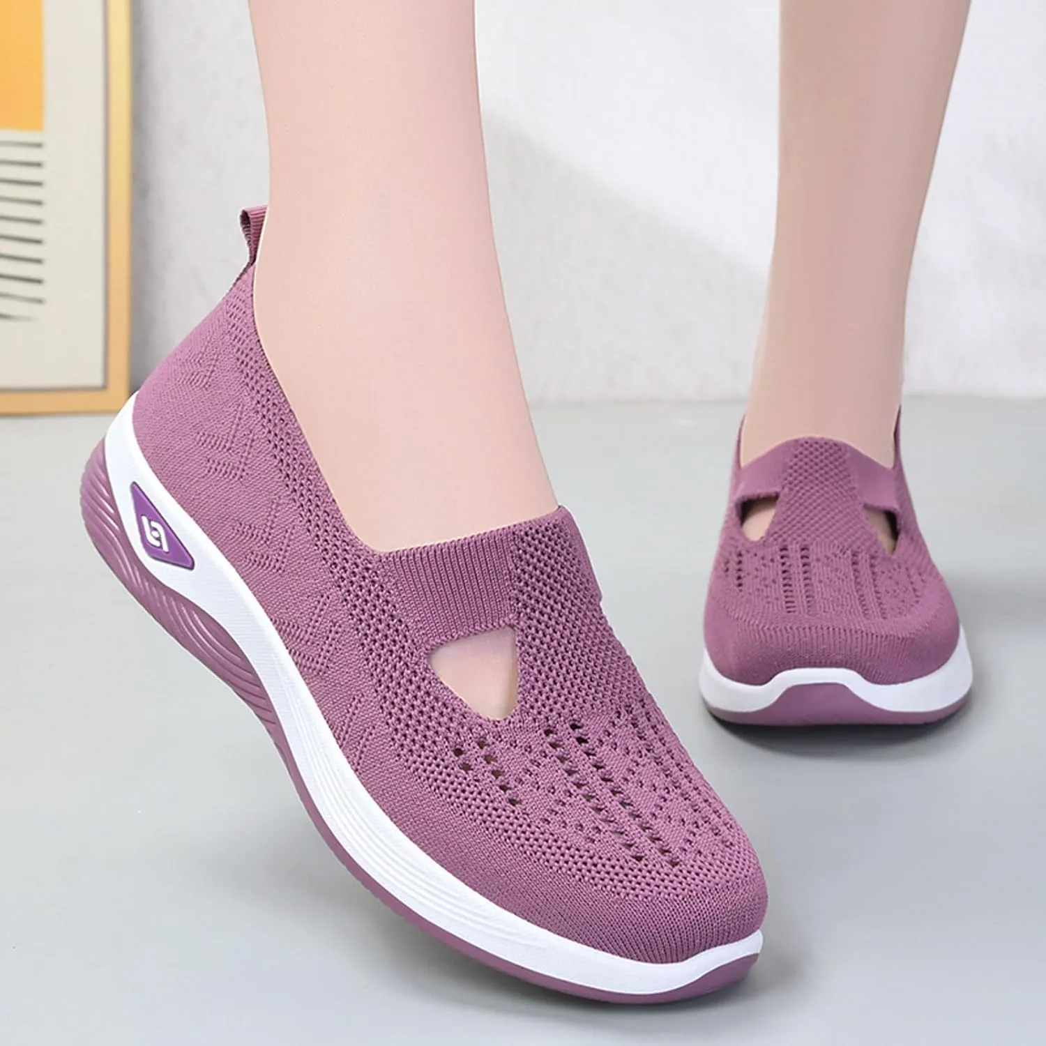 SECHRITE Women's Woven Breathable Soft Sole Shoes Orthopedic Sneakers Shoes Walking Slip on Diabetic Foam Shoes Arch Support