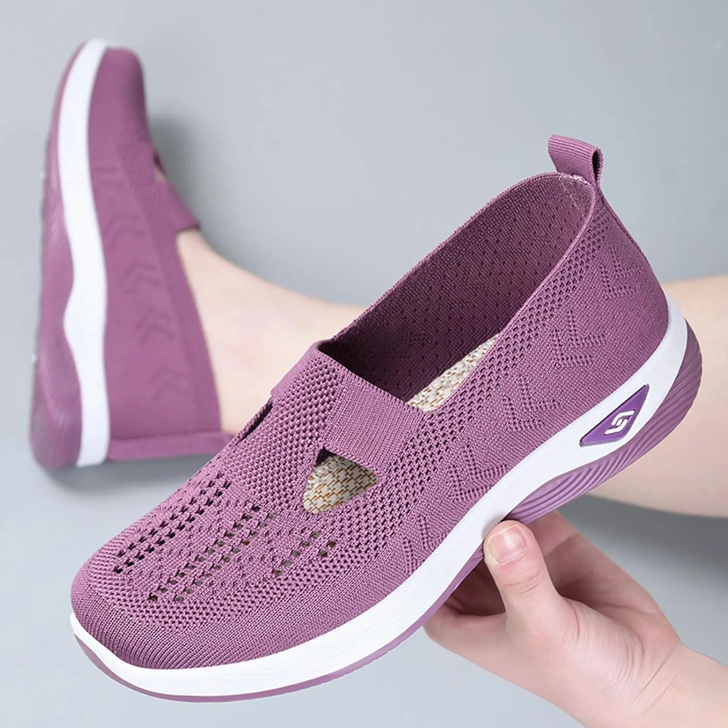 SECHRITE Women's Woven Breathable Soft Sole Shoes Orthopedic Sneakers Shoes Walking Slip on Diabetic Foam Shoes Arch Support