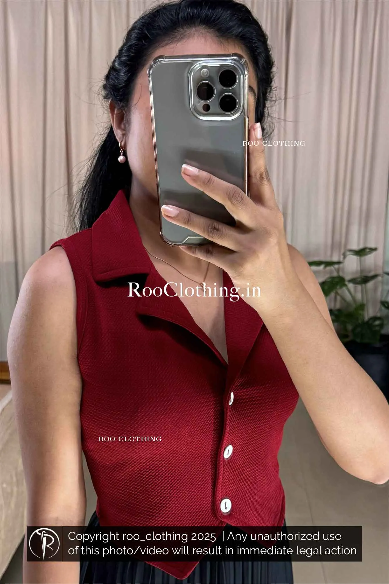 Sleeveless Maroon Notch Collared Button-Up Crop Top Only