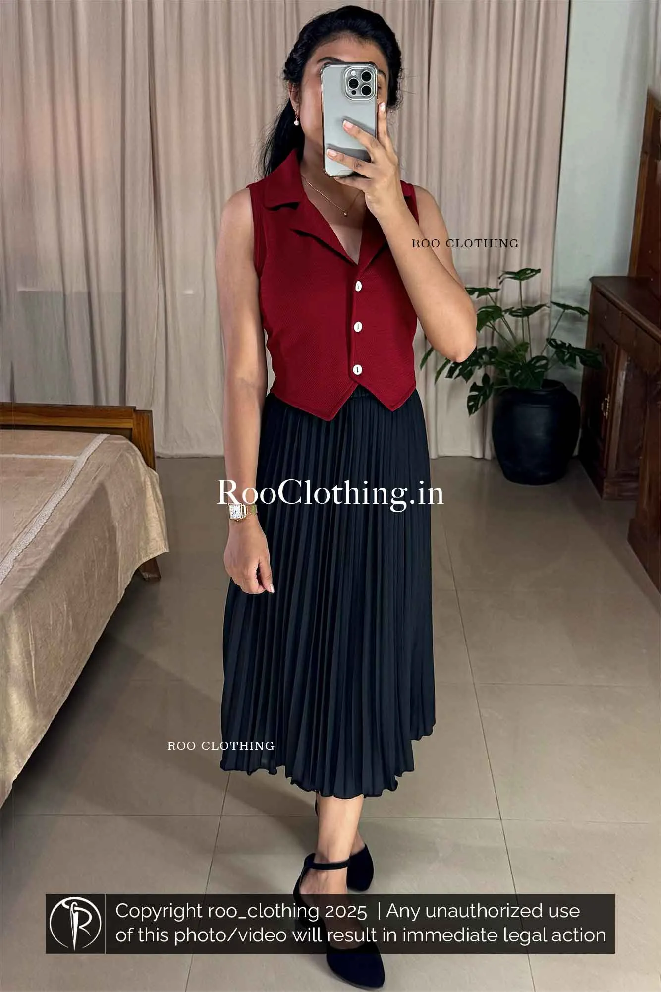 Sleeveless Maroon Notch Collared Button-Up Crop Top Only