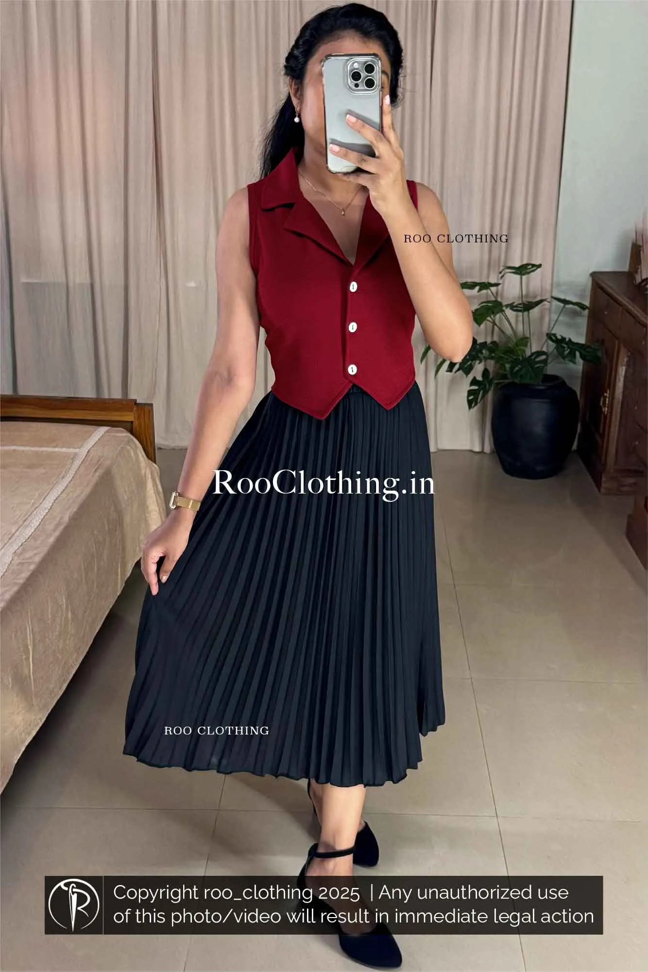 Sleeveless Maroon Notch Collared Button-Up Crop Top Only