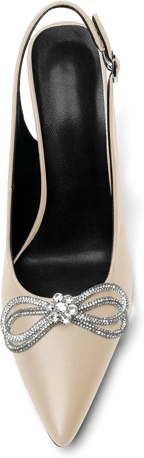 Soireelady Women's Slingback High Heels Rhinestones Bow Closed pointed Toe Ankle Strap Slim Thin Heel Pumps for Wedding Evening Party Dress Shoes 3.5 Inches