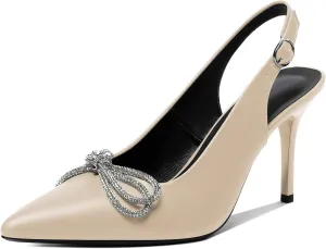 Soireelady Women's Slingback High Heels Rhinestones Bow Closed pointed Toe Ankle Strap Slim Thin Heel Pumps for Wedding Evening Party Dress Shoes 3.5 Inches