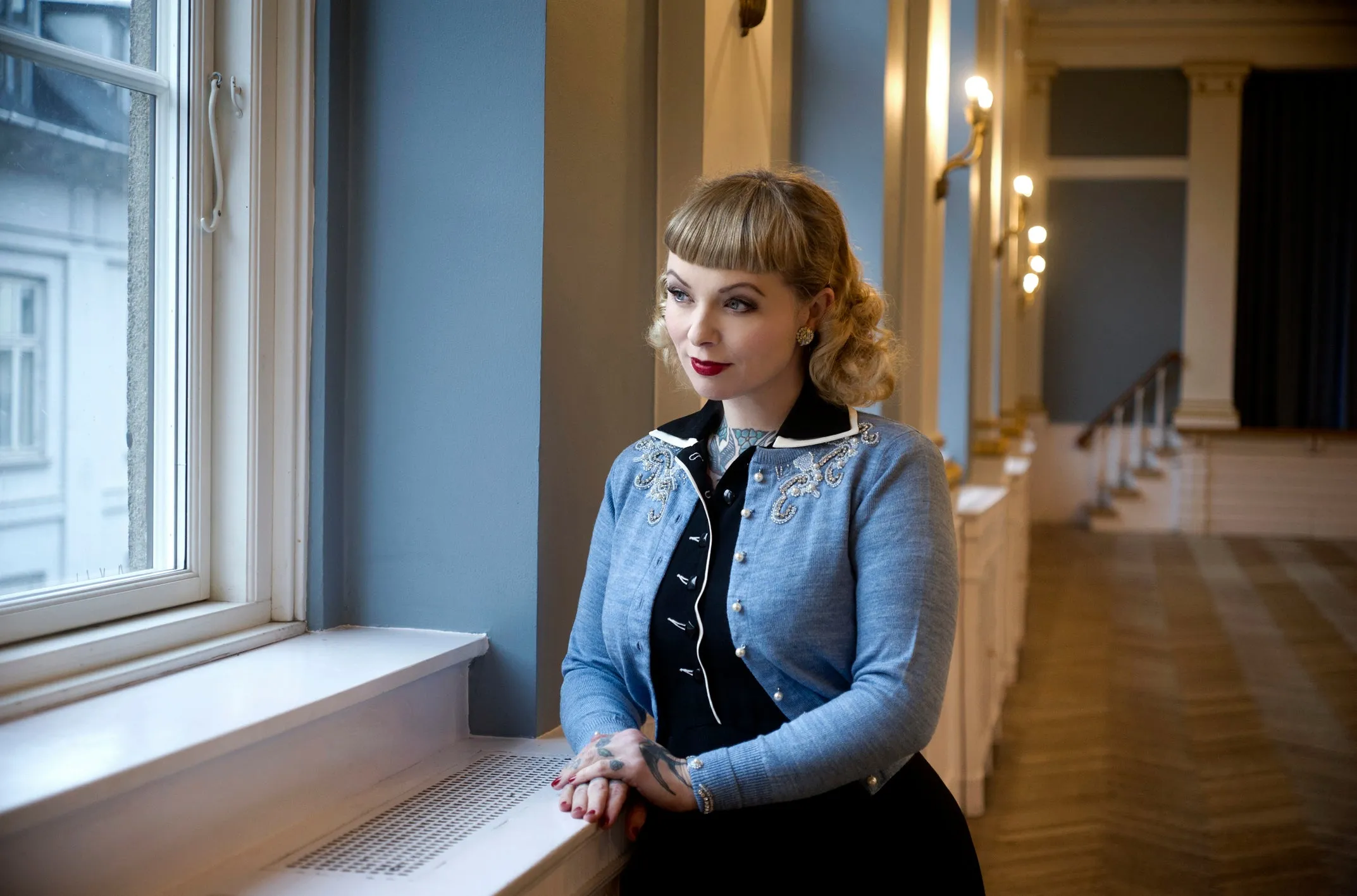 The Beaded Cardigan in Marl Blue, Stunning 1940s Vintage Style