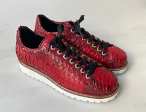 Tucci Di Lusso Mens Special Edition Hand-painted Red Real Python Skin Leather Handmade Luxury Sneakers
