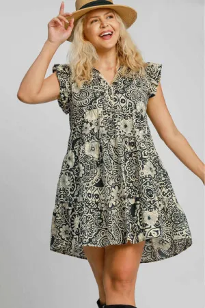 Umgee Printed Ruffle Cap Sleeve Babydoll Dress In Black