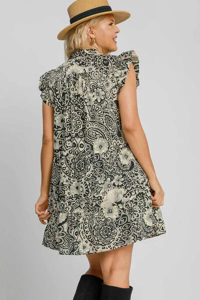 Umgee Printed Ruffle Cap Sleeve Babydoll Dress In Black