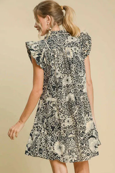 Umgee Printed Ruffle Cap Sleeve Babydoll Dress In Black